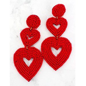 Earrings. Red Beaded Hearts. Valentine's Day, Anniversary. Pierced. NWT.